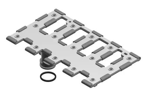 Grafische Darstellung eines Bosch Gasverteilers mit mehreren Öffnungen, einer zentralen Halterung und einer Dichtung. Die Oberfläche ist in Metalloptik mit grauen Gummielementen.